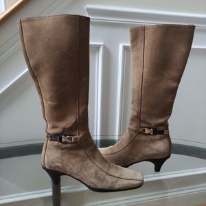 Prada square toe tall boots silver hardware logo women 37.5 tan suede